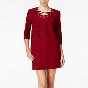 KENSIE Maroon Wine Lace-Up Neckline Mini Knit Shift Dress XS